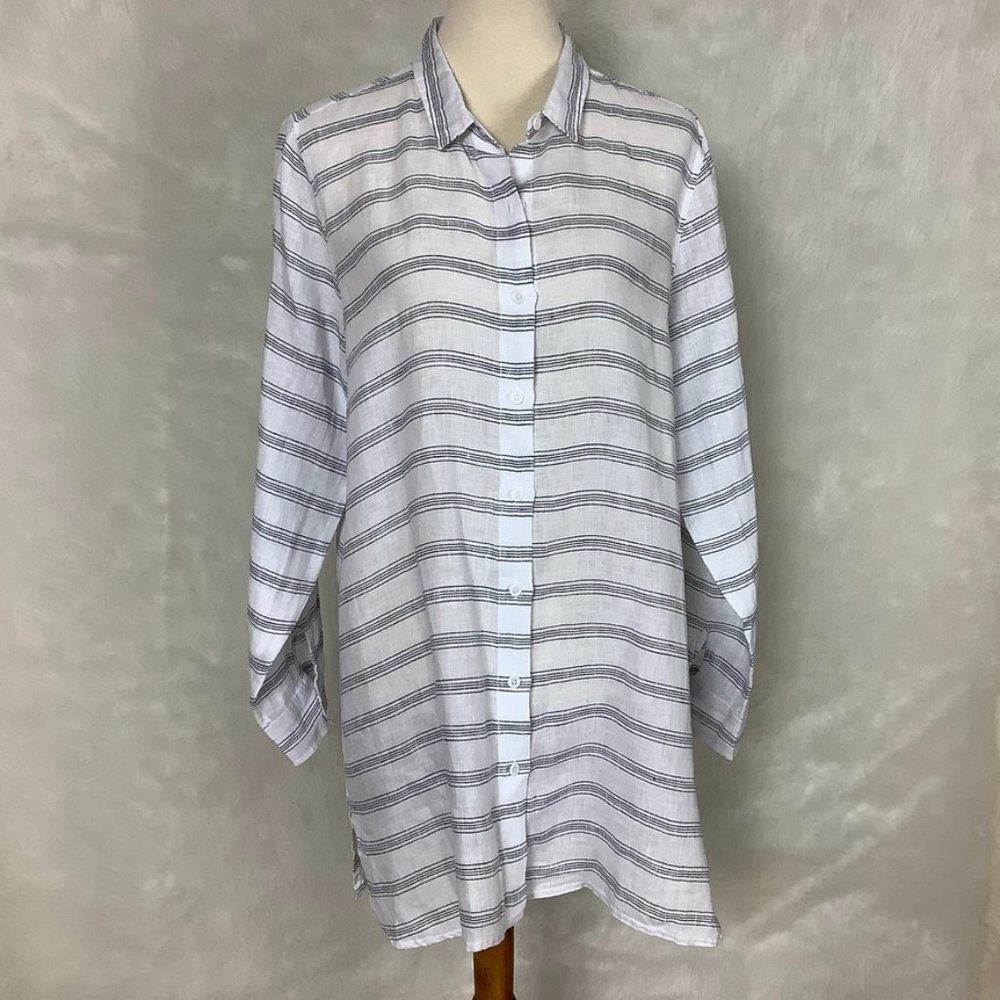Garnet Hill Blue & White Stripe Long Sleeve Easy Linen Tunic Salt/ Sea Stripe L